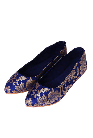 Blue Brocade Pointed Toe Ballerina Flats